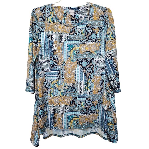 Chico's Patchwork Hardware Cut-Out Neckline Stretchy Tunic Size 3 (XL) - Picture 1 of 7